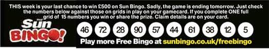Sun Bingo Numbers (No Longer Running)