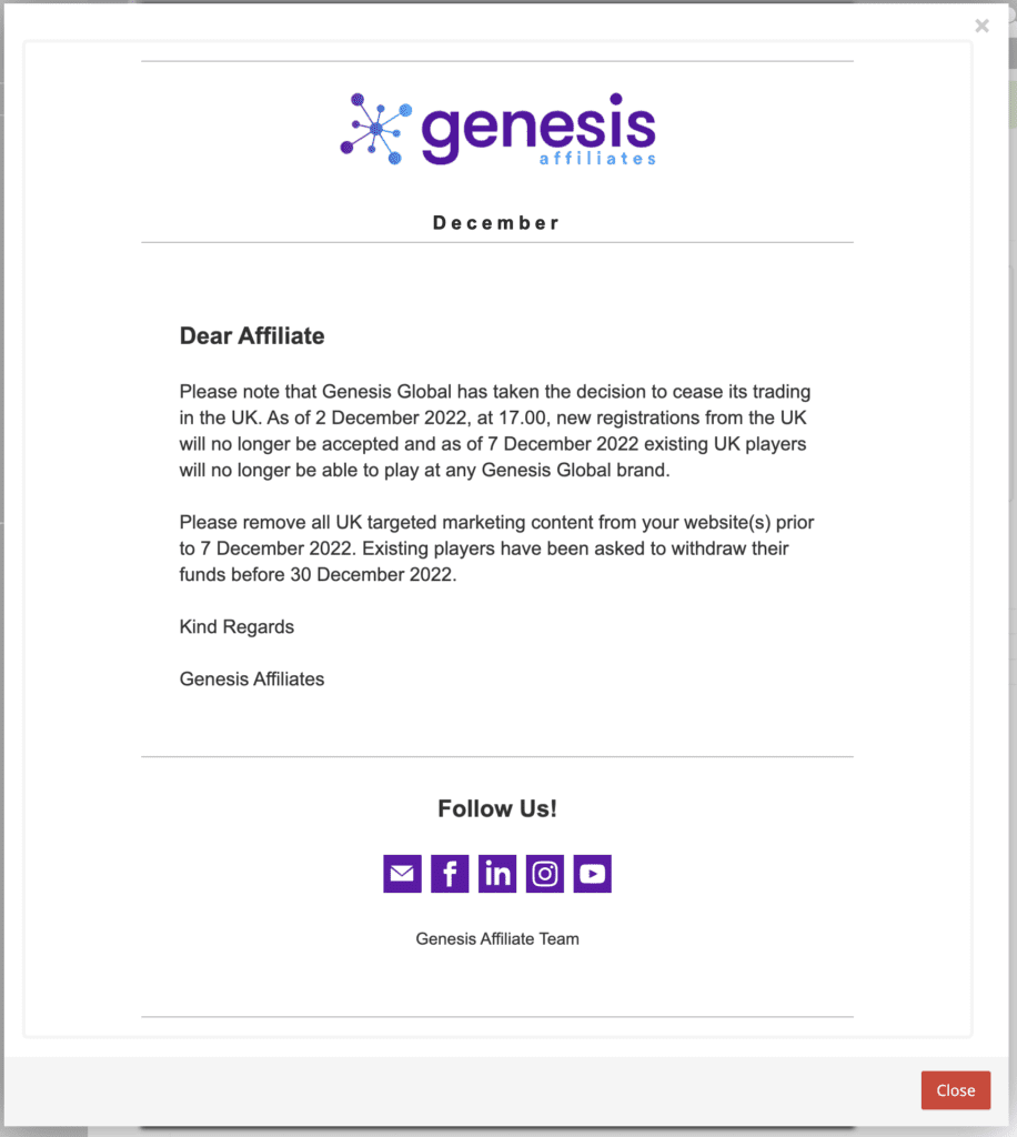Genesis Affiliates Message