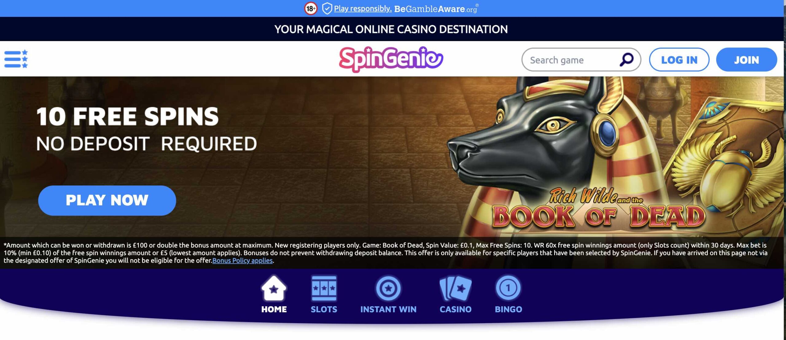 Spingenie platform interface showcasing games and bonuses